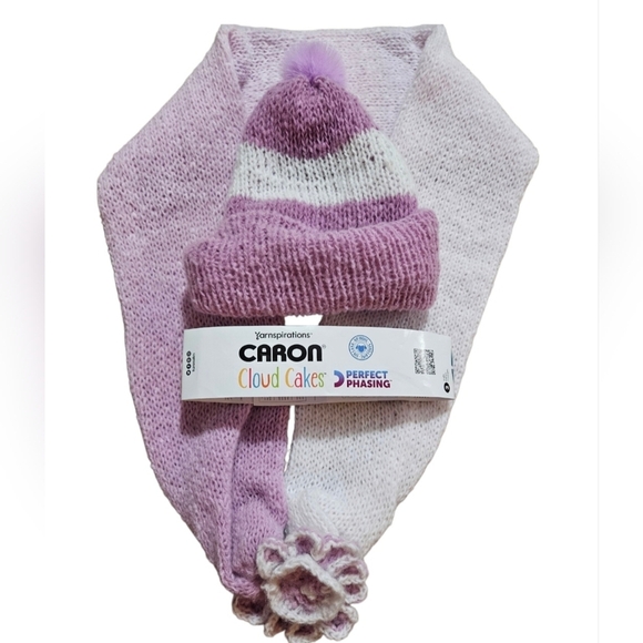 Hand Crafted 2pc Set Scaf & pom pom beanie purple crochet slauchy white striped - Picture 12 of 17